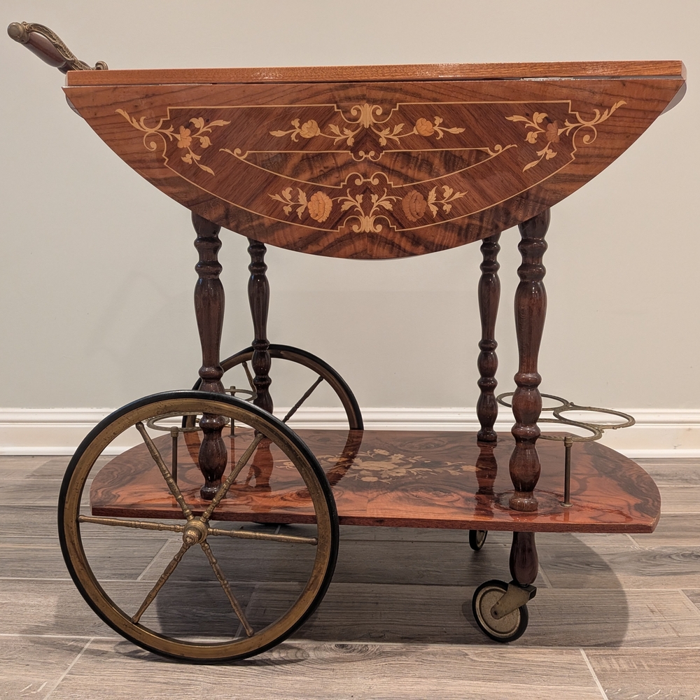 Elegant Wooden Tea Cart with Floral Inlay